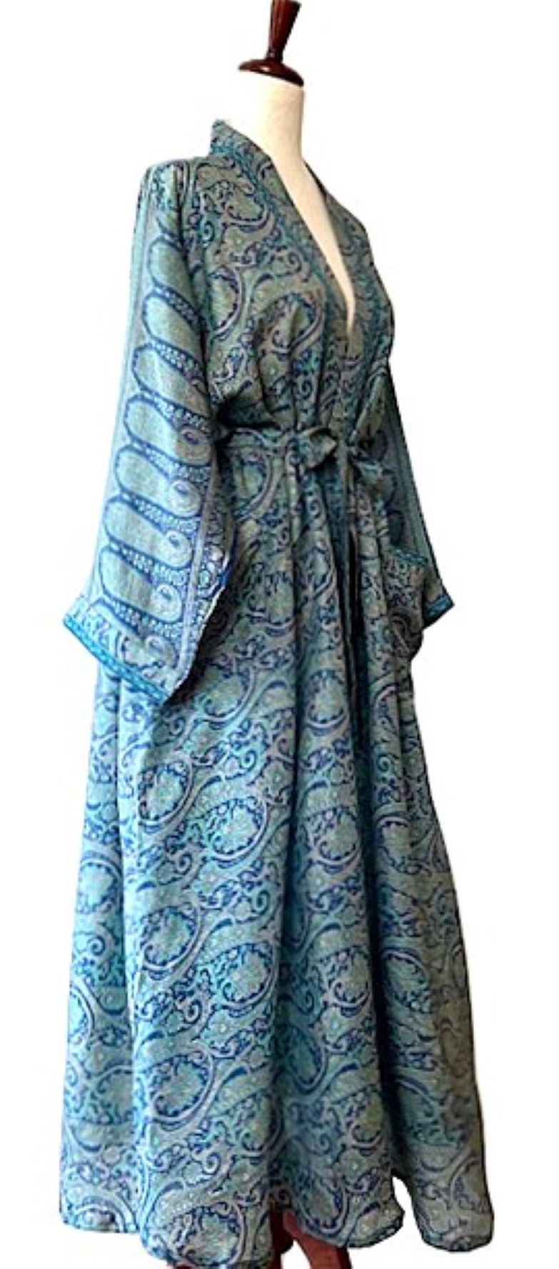 Full Sleeve Silk Kimono Duster Dress: Subtle Geometric Print (Aqua)