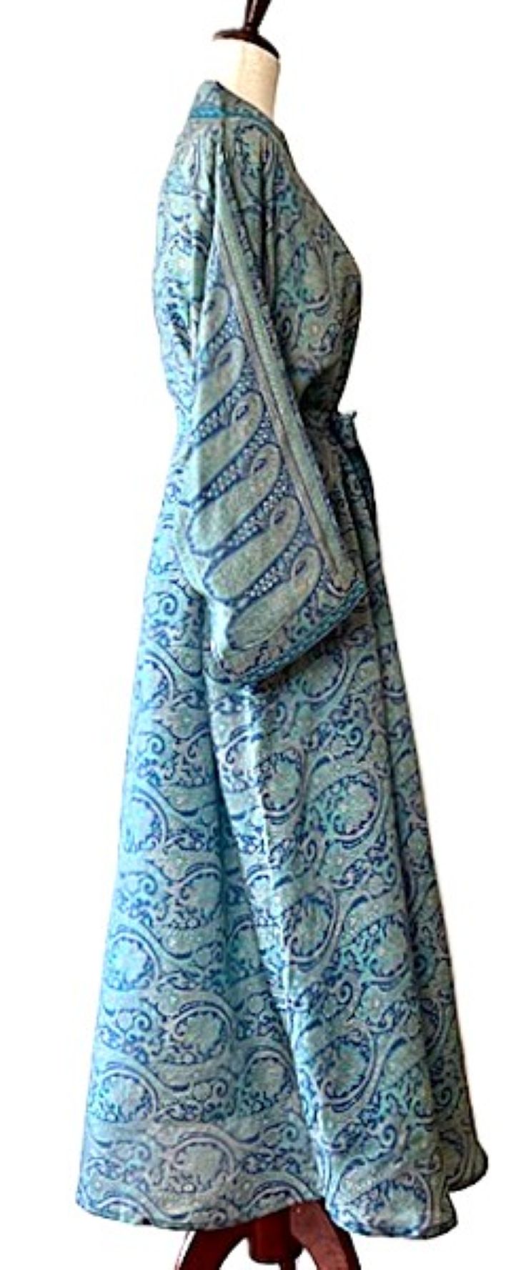Full Sleeve Silk Kimono Duster Dress: Subtle Geometric Print (Aqua)