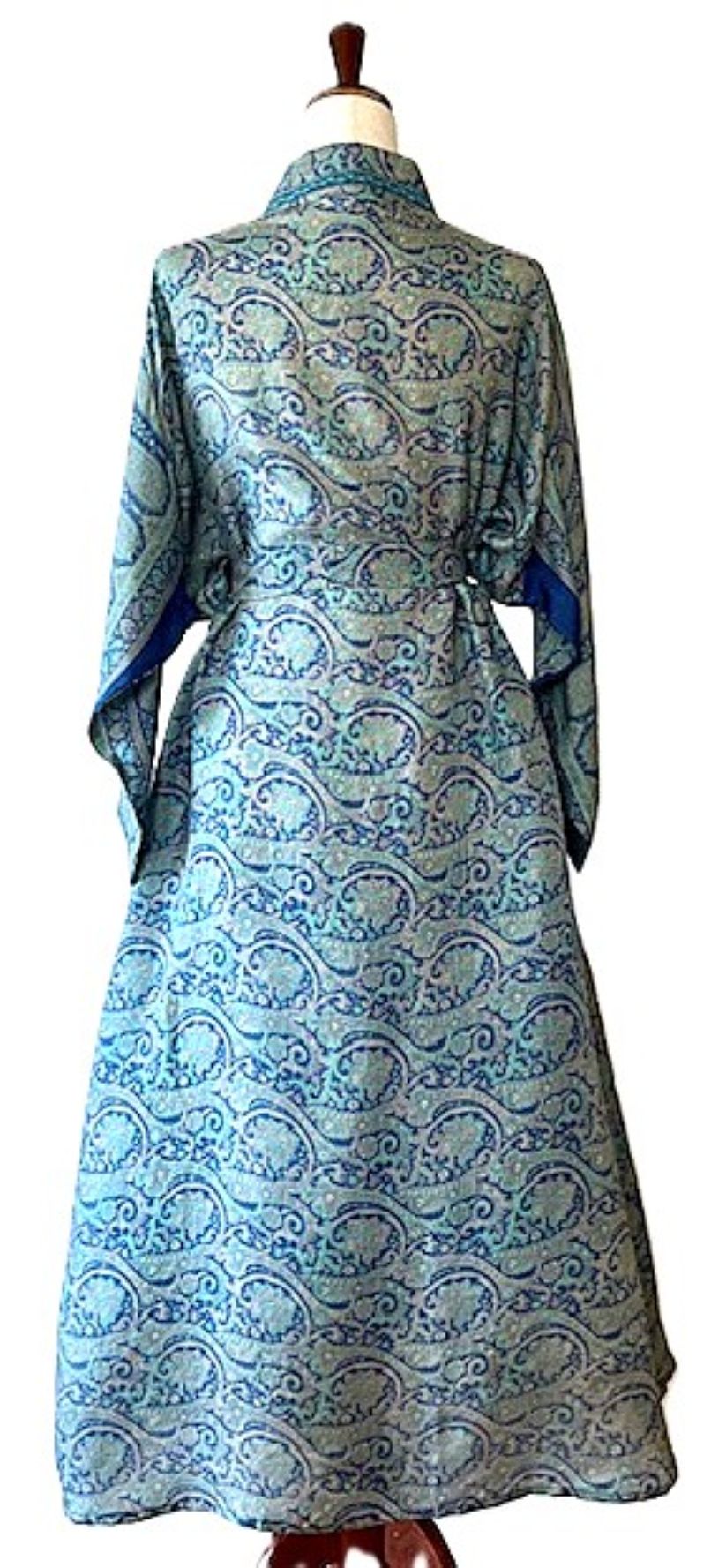 Full Sleeve Silk Kimono Duster Dress: Subtle Geometric Print (Aqua)