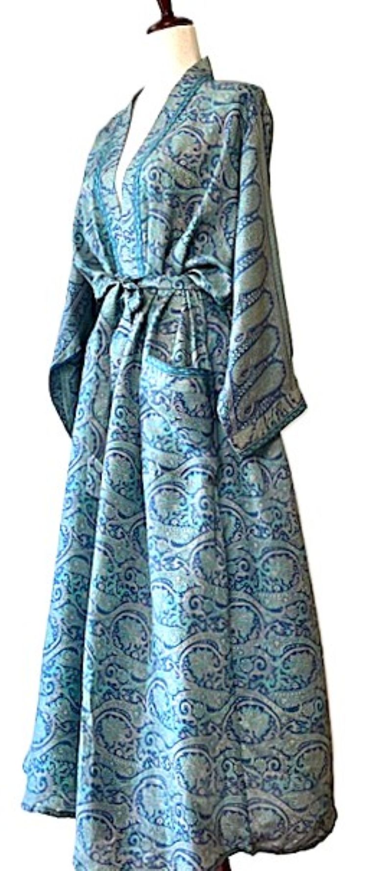 Full Sleeve Silk Kimono Duster Dress: Subtle Geometric Print (Aqua)