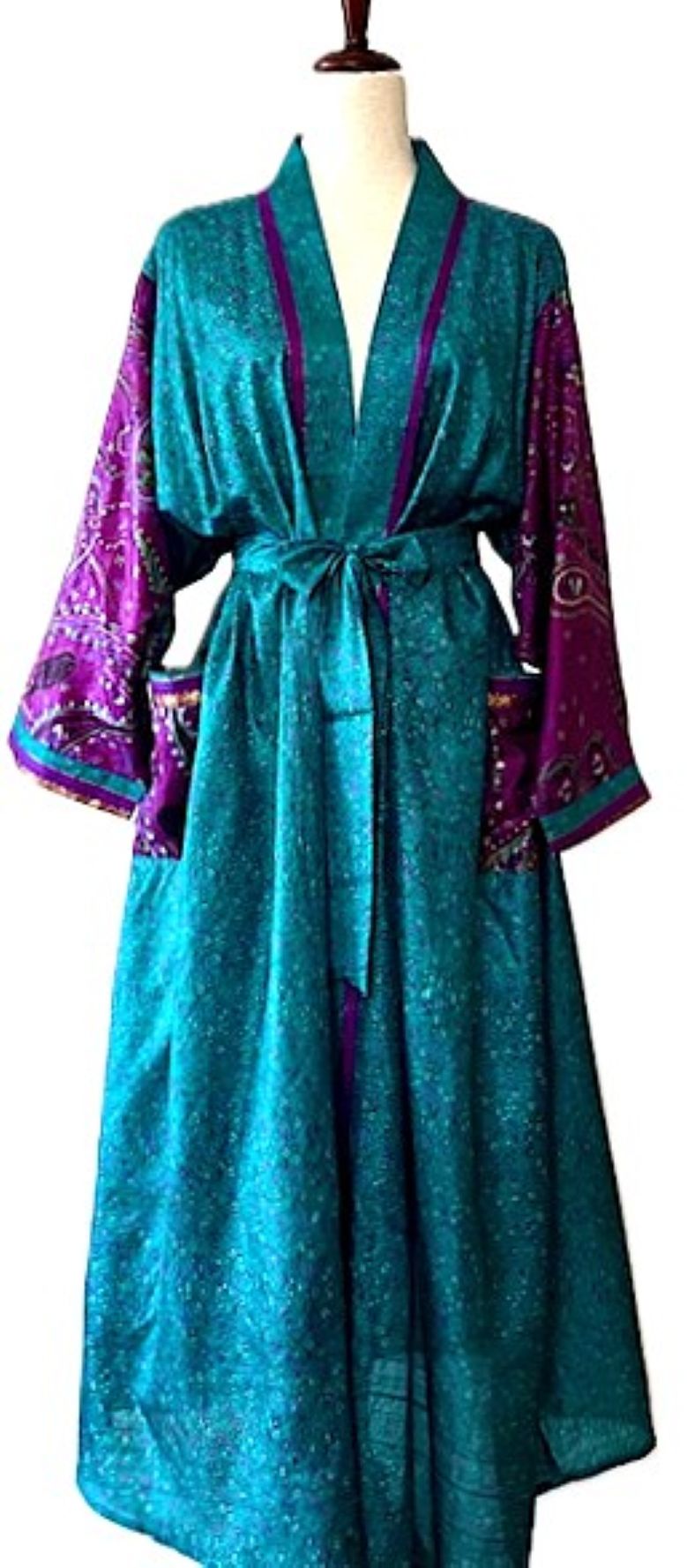 Full Sleeve Silk Kimono Duster Dress: Subtle Geometric Print (Turquoise)