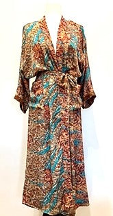Top of the Line Silk Kimono Duster Mixed Print (Bronze/Turquoise)