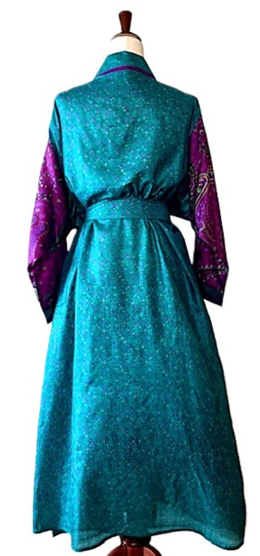 Full Sleeve Silk Kimono Duster Dress: Subtle Geometric Print (Turquoise)