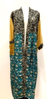 Top of the Line Silk Kimono Duster Mixed Print (Gold/Turquoise/Red)