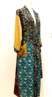 Top of the Line Silk Kimono Duster Mixed Print (Gold/Turquoise/Red)