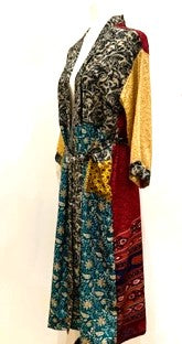 Top of the Line Silk Kimono Duster Mixed Print (Gold/Turquoise/Red)