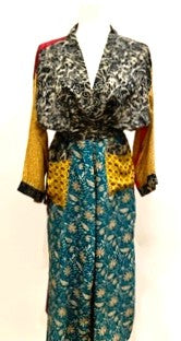 Top of the Line Silk Kimono Duster Mixed Print (Gold/Turquoise/Red)