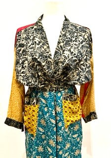 Top of the Line Silk Kimono Duster Mixed Print (Gold/Turquoise/Red)