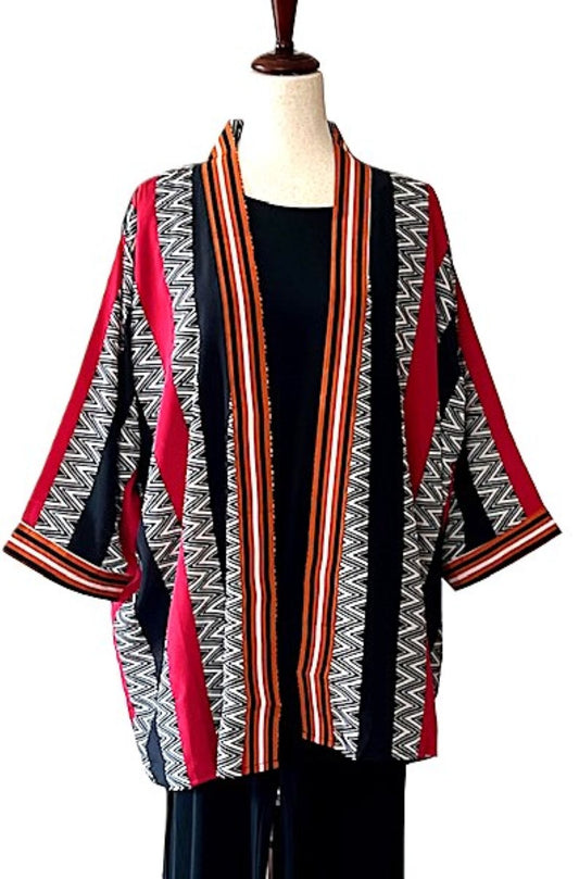Short Silk Kimono Duster.  Dramatic In Red And Black. (Stripe)