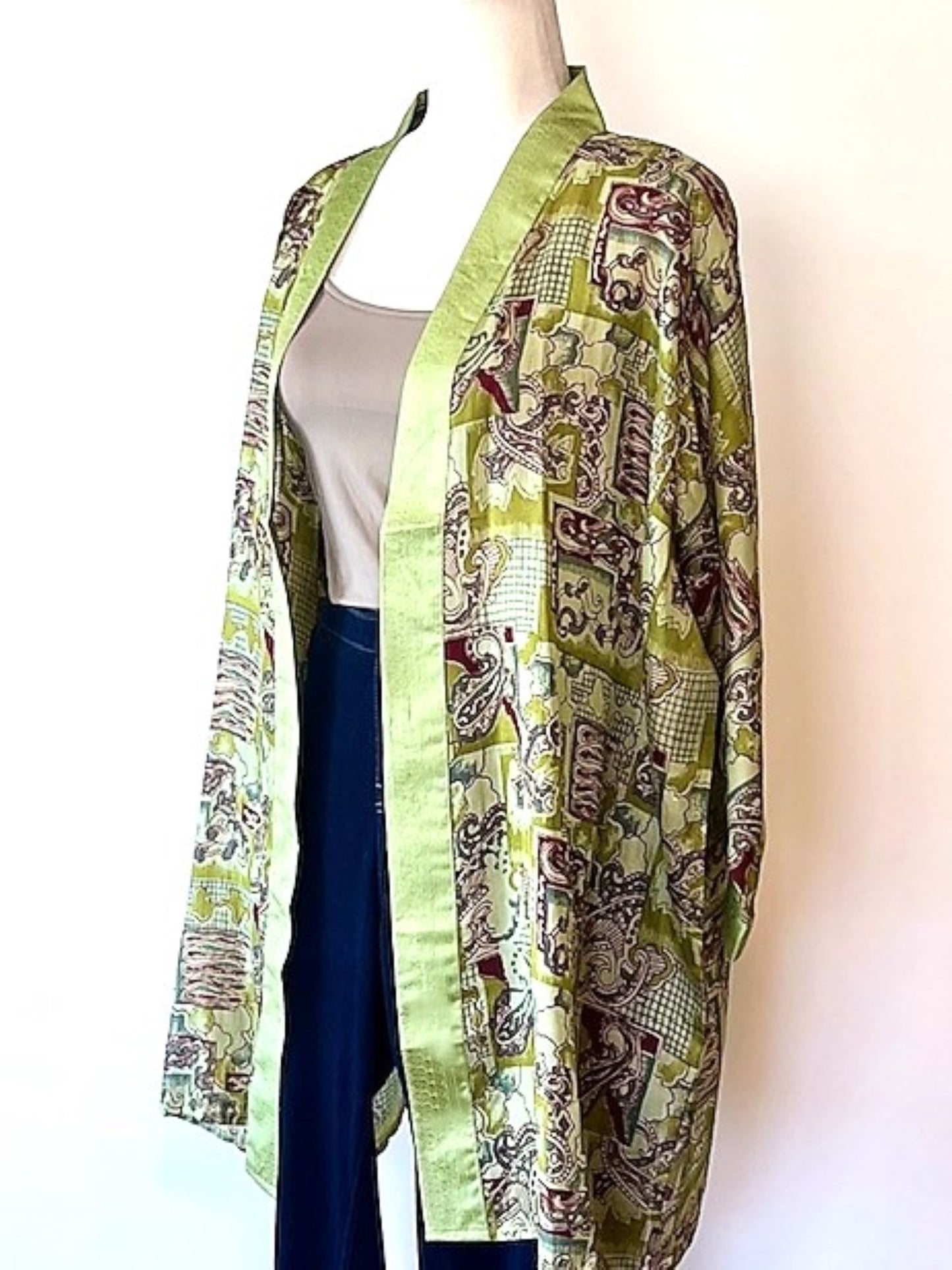 The Accessory In Demand, Short Silk Kimono Jacket. (Olive)