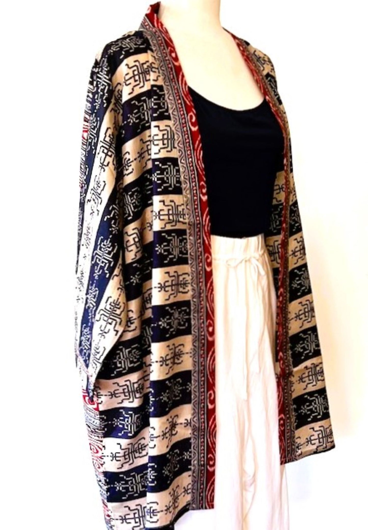 The Accessory In Demand, Short Silk Kimono Jacket.  (Striped)