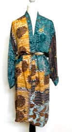 Top of the Line Silk Kimono Duster Mixed Print (Bronze/Turquoise/Brown)