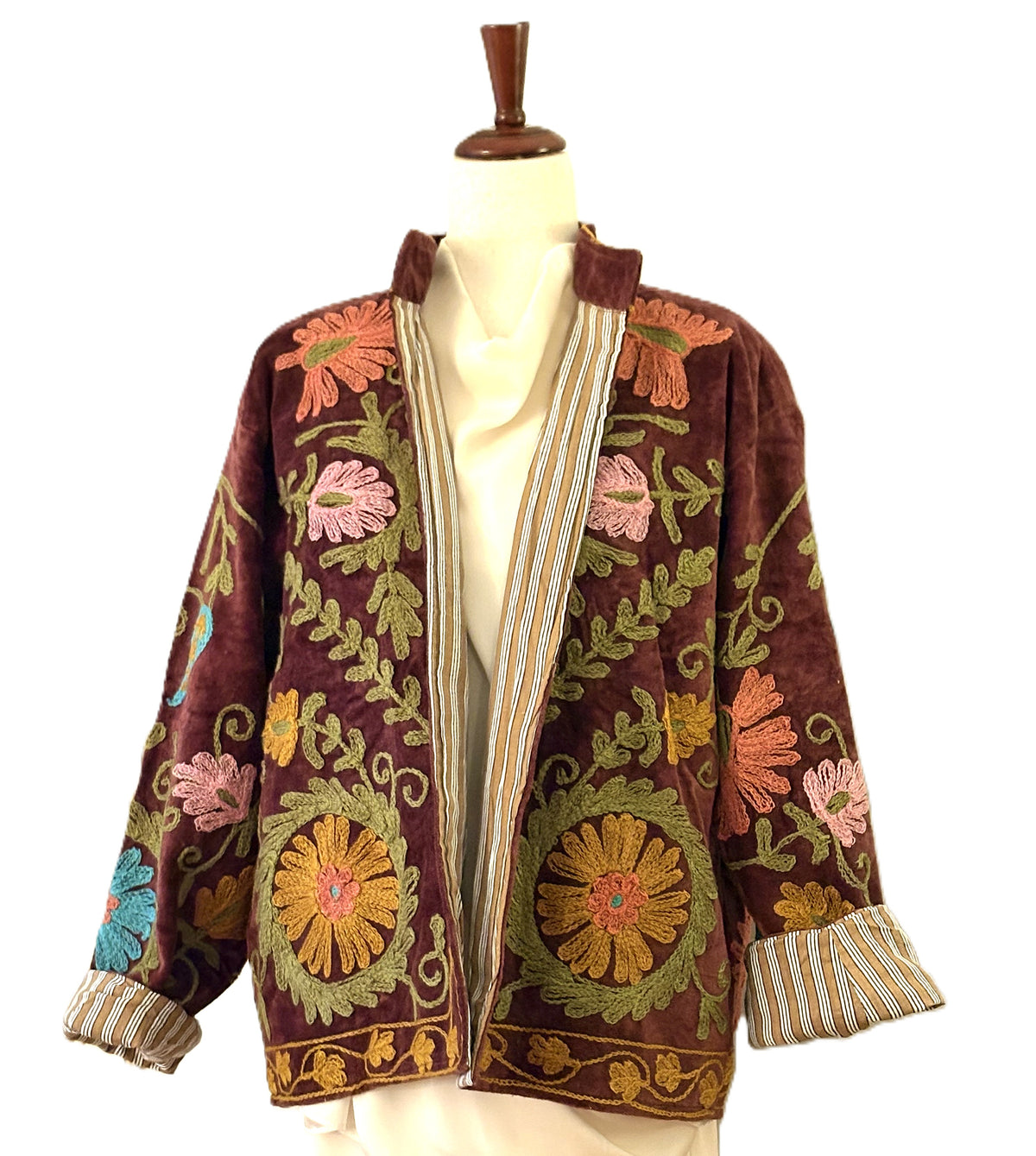 Jacket, Handmade Suzani Velvet Fully Reversible Jacket: Embroidered Folk Art Coat (Brown)