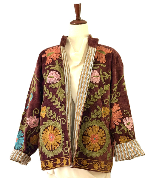 Jacket, Handmade Suzani Velvet Fully Reversible Jacket: Embroidered Folk Art Coat (Brown)