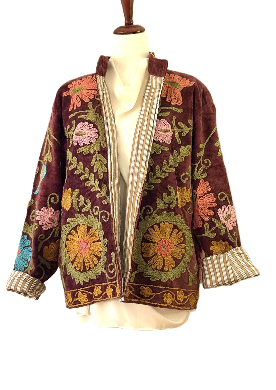 Jacket, Handmade Suzani Velvet Fully Reversible Jacket: Embroidered Folk Art Coat (Brown)