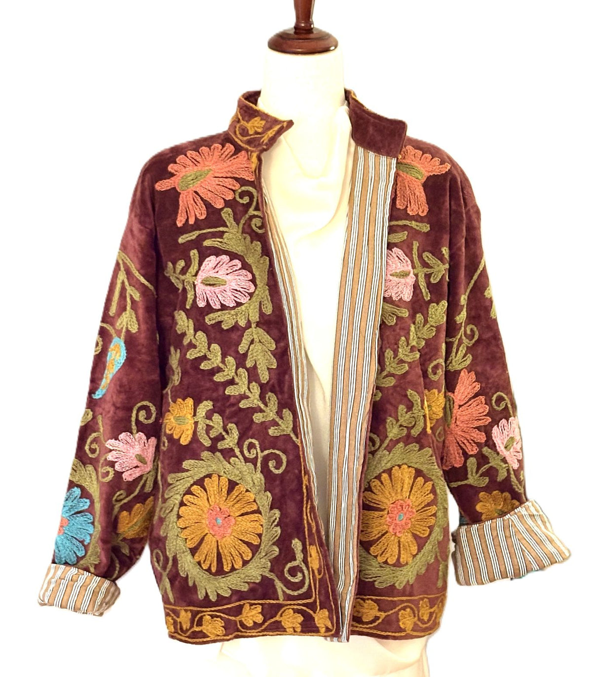 Jacket, Handmade Suzani Velvet Fully Reversible Jacket: Embroidered Folk Art Coat (Brown)