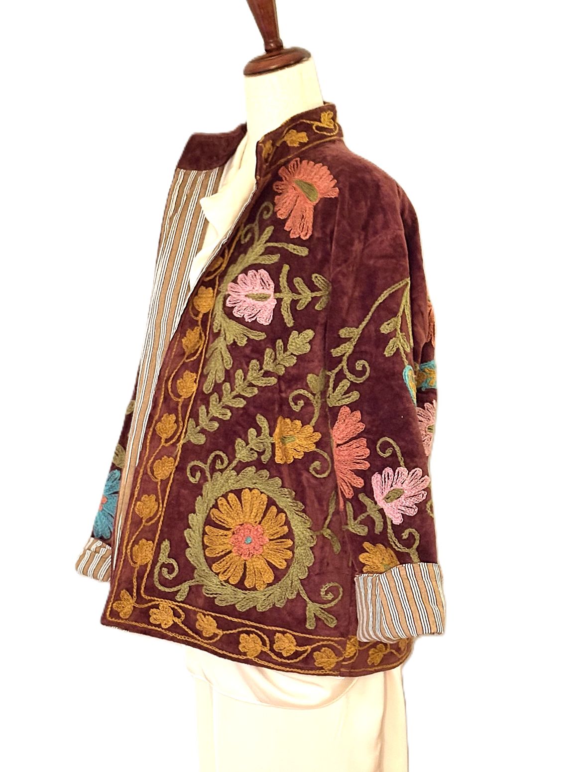Jacket, Handmade Suzani Velvet Fully Reversible Jacket: Embroidered Folk Art Coat (Brown)