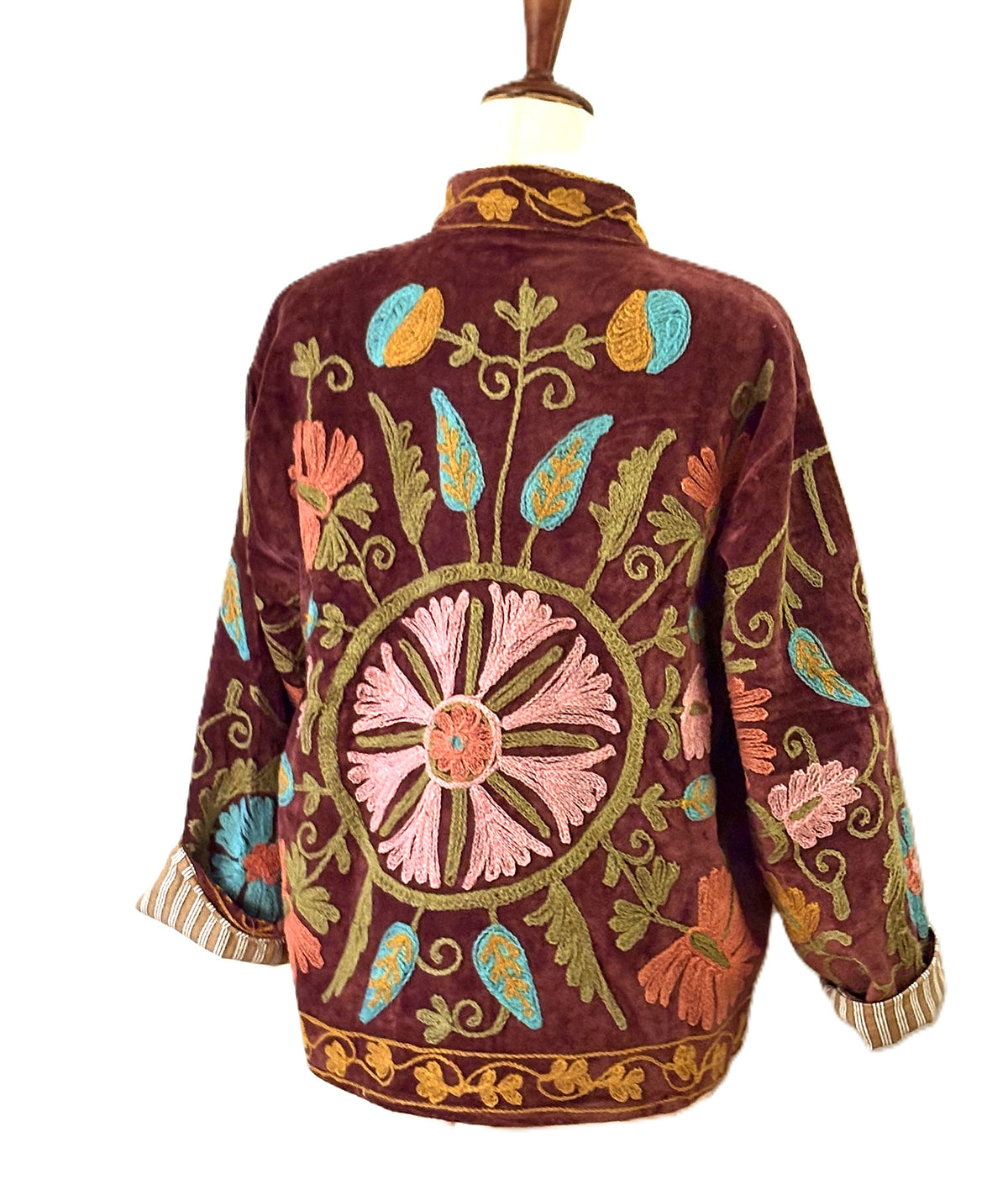 Jacket, Handmade Suzani Velvet Fully Reversible Jacket: Embroidered Folk Art Coat (Brown)