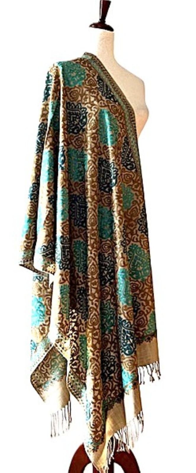 Surani Embroidered Wool Shawl. Collector's shawl. Aqua  Bronze