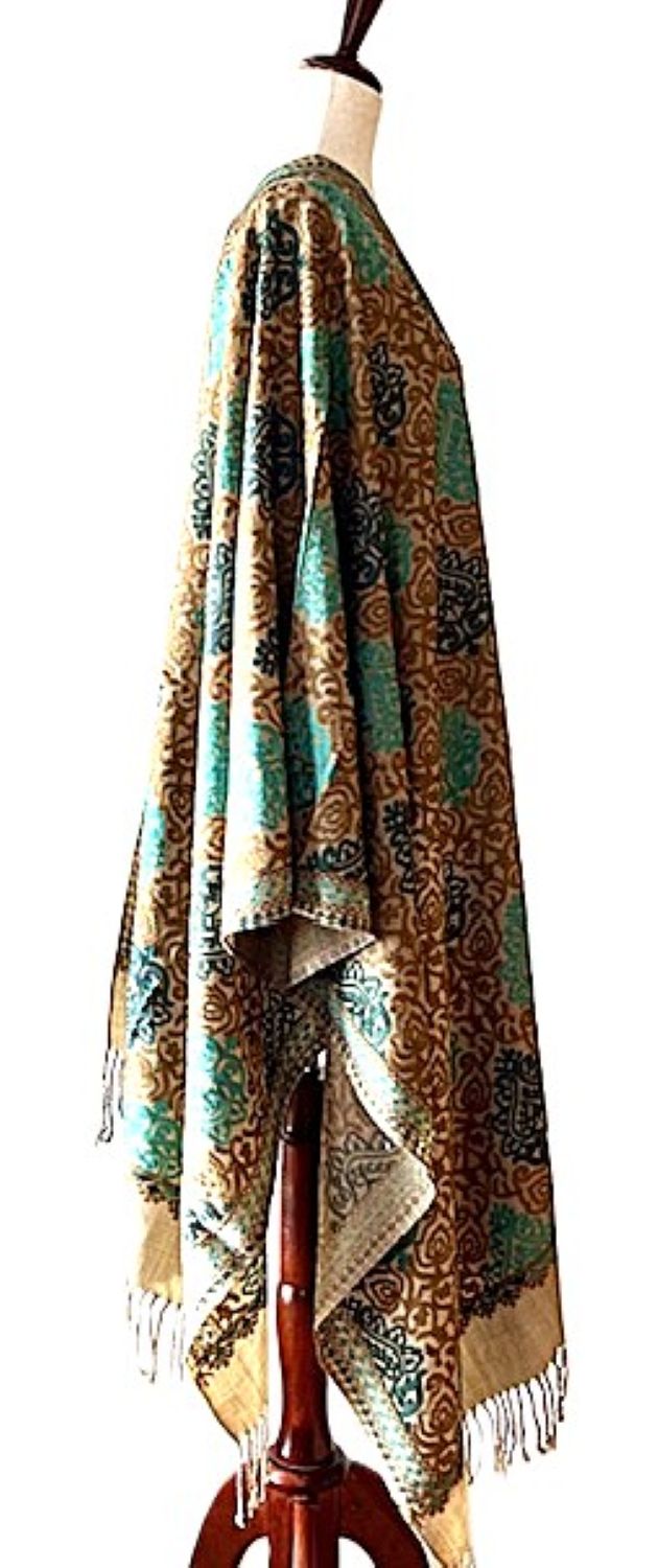 Surani Embroidered Wool Shawl. Collector's shawl. Aqua  Bronze