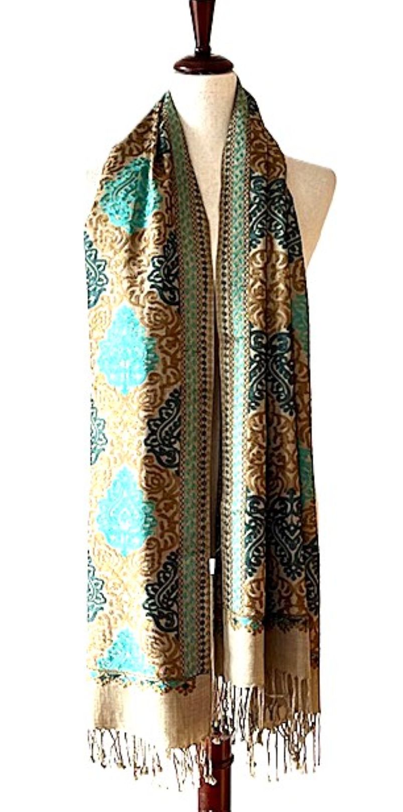 Surani Embroidered Wool Shawl. Collector's shawl. Aqua  Bronze