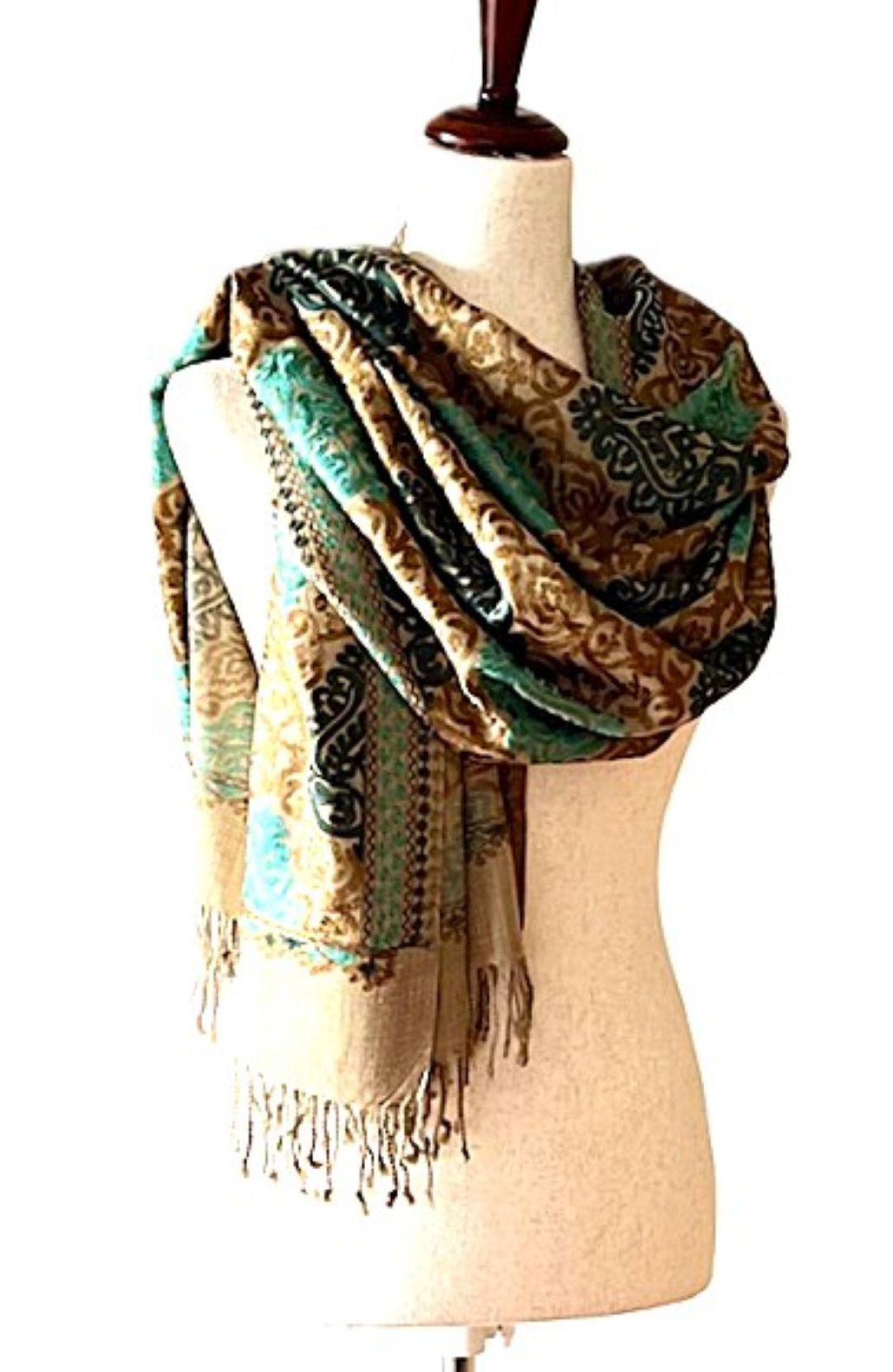 Surani Embroidered Wool Shawl. Collector's shawl. Aqua  Bronze