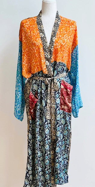 Luxury Mixed Print Silk Kimono Duster Is Provocative (Orange and Aqua)