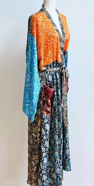 Luxury Mixed Print Silk Kimono Duster Is Provocative (Orange and Aqua)