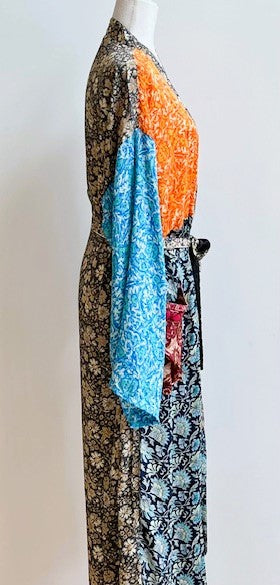 Luxury Mixed Print Silk Kimono Duster Is Provocative (Orange and Aqua)