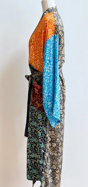 Luxury Mixed Print Silk Kimono Duster Is Provocative (Orange and Aqua)