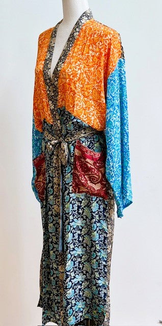 Luxury Mixed Print Silk Kimono Duster Is Provocative (Orange and Aqua)