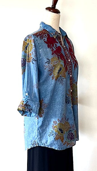 Top:Boho Western Inspiration Has Hit It's Mark With Handmade Embroiderd Shirts. Best Seller. (Blue)