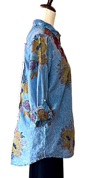 Top:Boho Western Inspiration Has Hit It's Mark With Handmade Embroiderd Shirts. Best Seller. (Blue)
