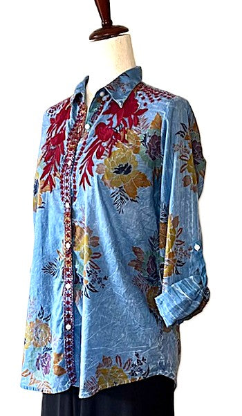 Top:Boho Western Inspiration Has Hit It's Mark With Handmade Embroiderd Shirts. Best Seller. (Blue)