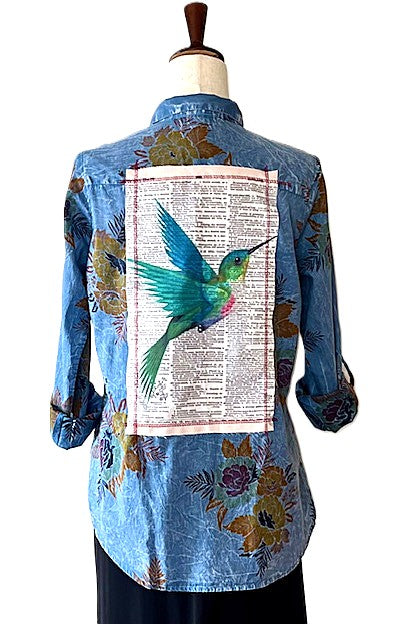 Top:Boho Western Inspiration Has Hit It's Mark With Handmade Embroiderd Shirts. Best Seller. (Blue)