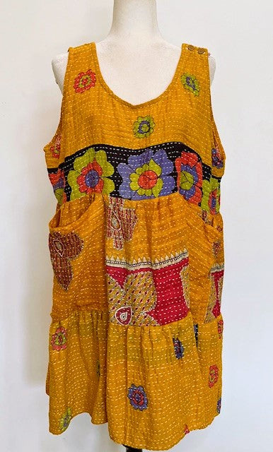 Artisan Kantha Quilt Mini Dress or Jumper. Chic Staple (Mustard)