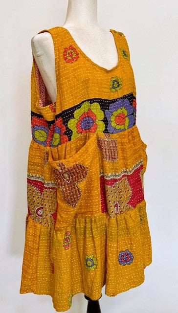 Artisan Kantha Quilt Mini Dress or Jumper. Chic Staple (Mustard)