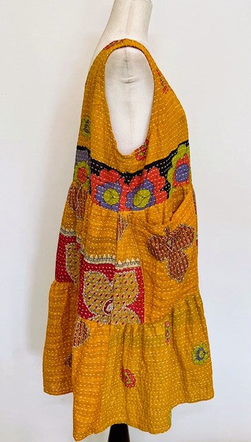 Artisan Kantha Quilt Mini Dress or Jumper. Chic Staple (Mustard)