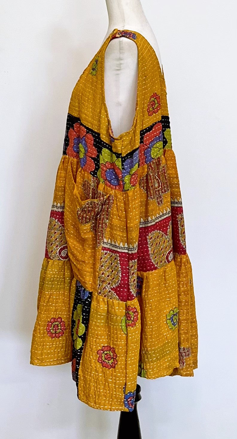 Artisan Kantha Quilt Mini Dress or Jumper. Chic Staple (Mustard)