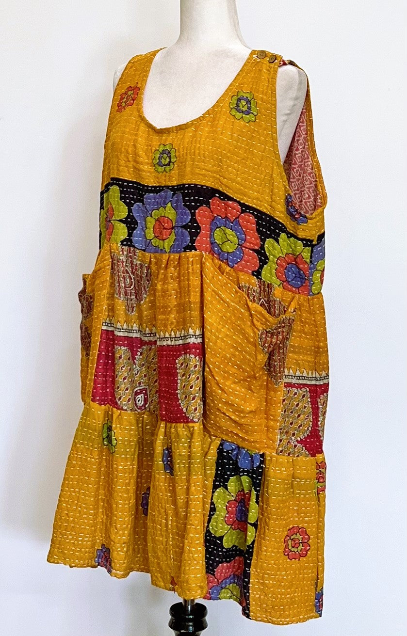 Artisan Kantha Quilt Mini Dress or Jumper. Chic Staple (Mustard)