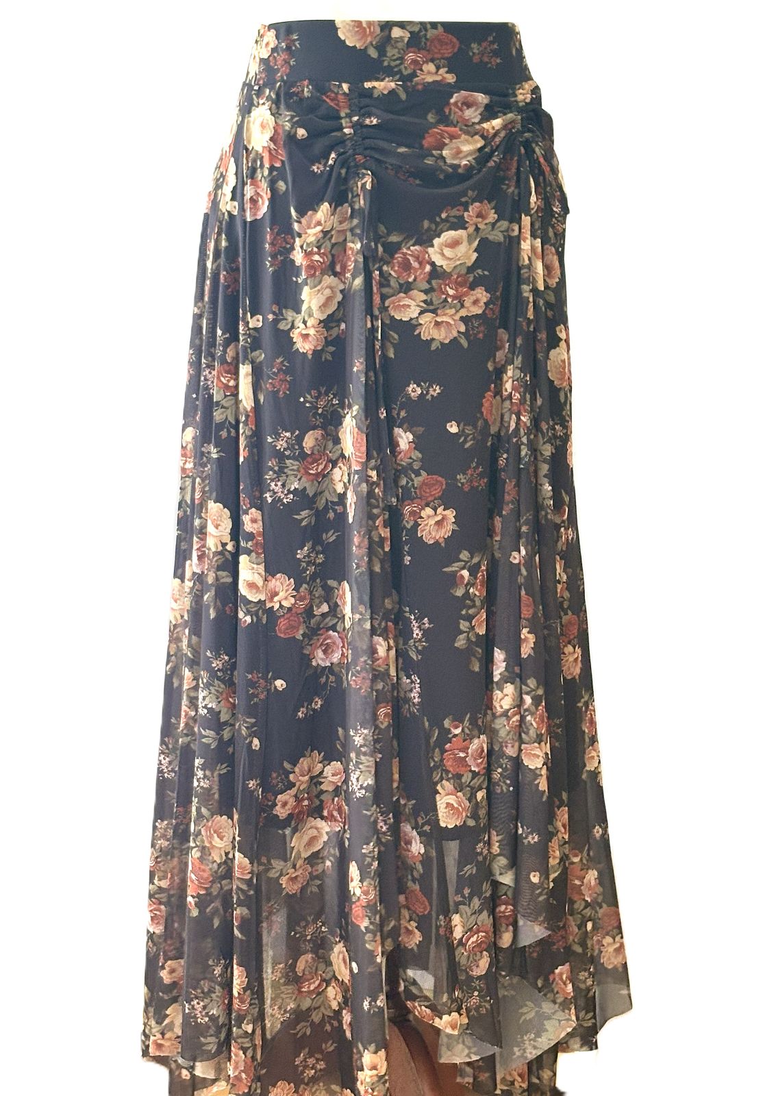 Skirt, Floral-Print Mesh Ruched Drawstring Handkerchief Maxi