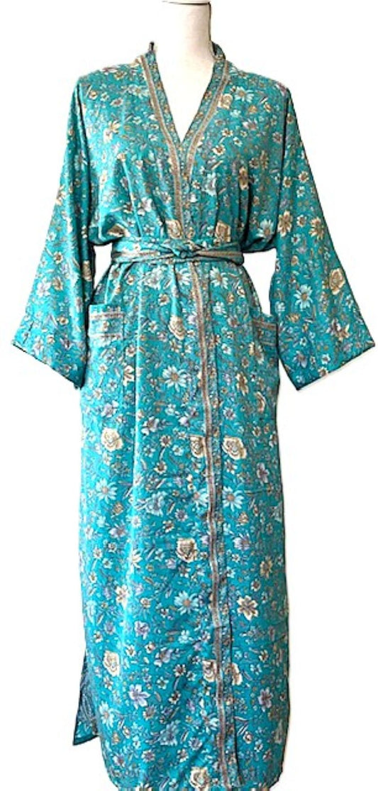 Luxurious Silk Kimono Duster, Traditional Classic (Aqua )