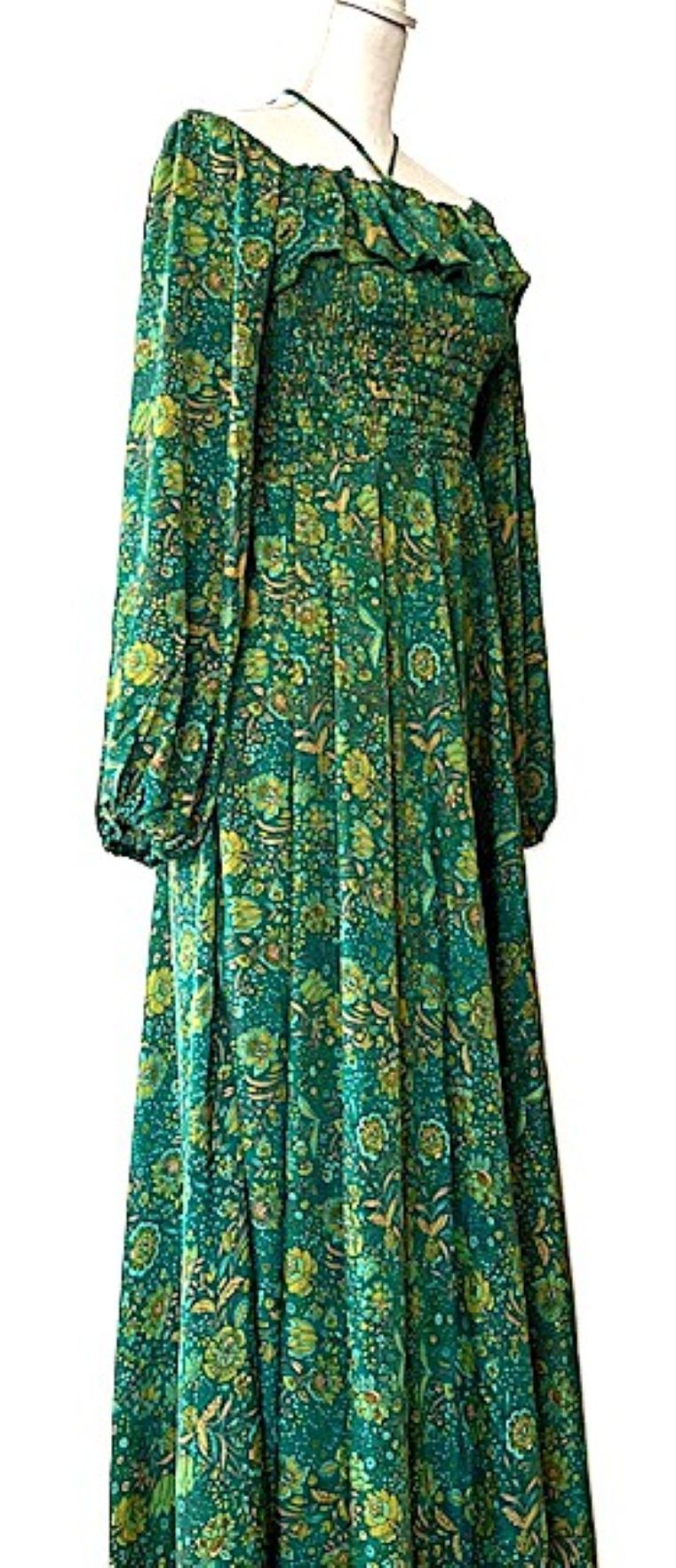 Maxi Silk Smocked Bodice Dress Is Elegant and Romantic. (Forest Green)