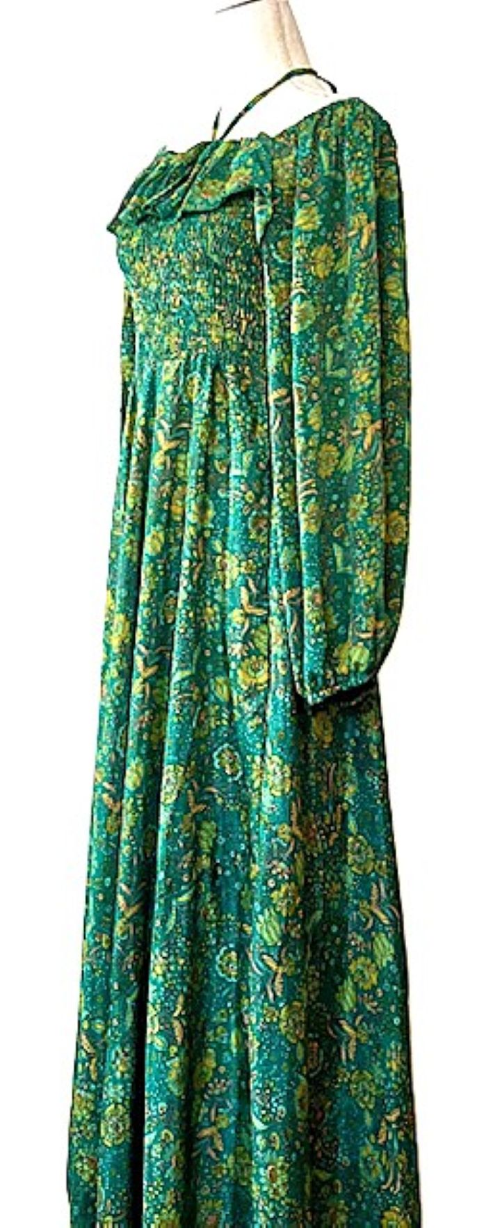 Maxi Silk Smocked Bodice Dress Is Elegant and Romantic. (Forest Green)