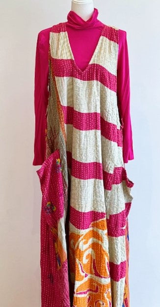 Midi Length Kantha Cotton Jumper or Sleeveless Dress (Fuschia)