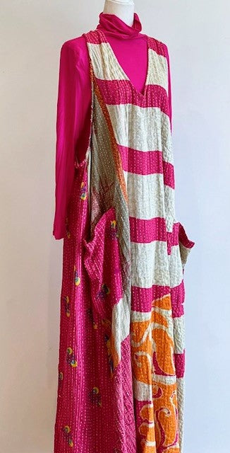 Midi Length Kantha Cotton Jumper or Sleeveless Dress (Fuschia)