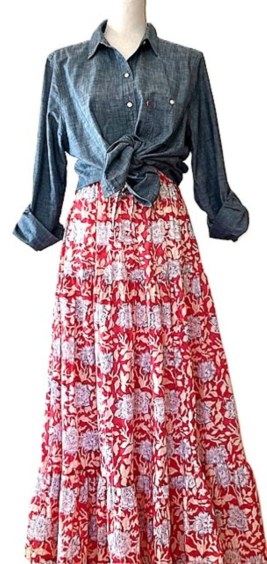 Skirt: Long Cotton Tiered Skirt is a must in your wardrobe (Red & Blue)