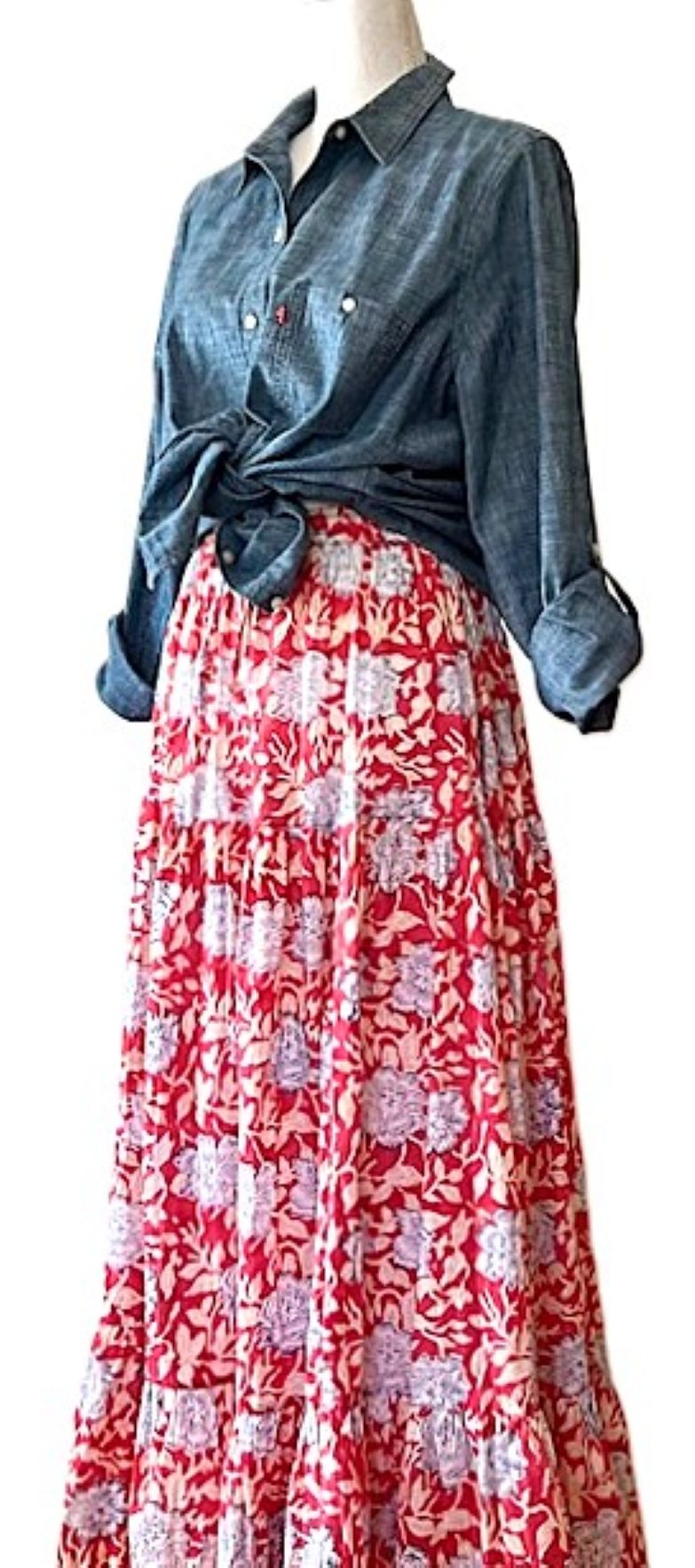 Skirt: Long Cotton Tiered Skirt is a must in your wardrobe (Red & Blue)