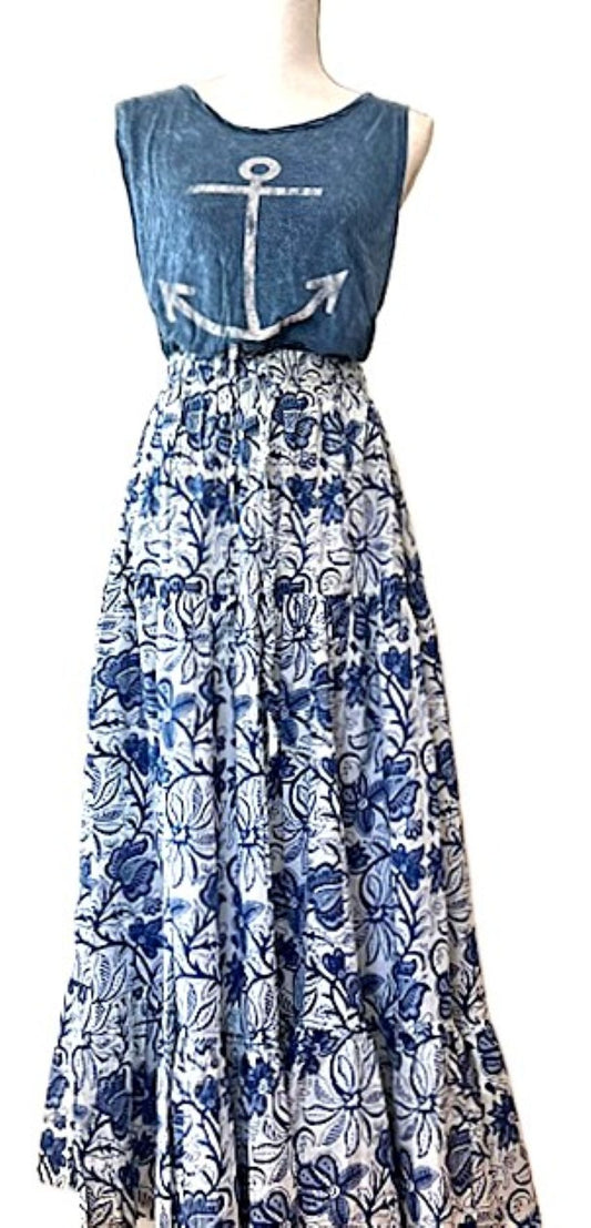 Skirt: Long Cotton Tiered Skirt is a must in your wardrobe (Blue & White)