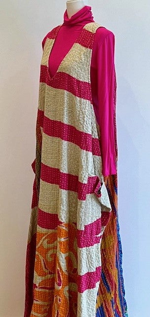 Midi Length Kantha Cotton Jumper or Sleeveless Dress (Fuschia)